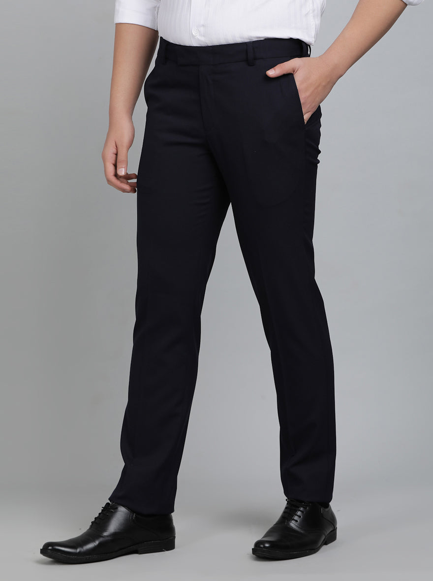 Navy Blue Solid Slim Fit Formal Trouser | Metal