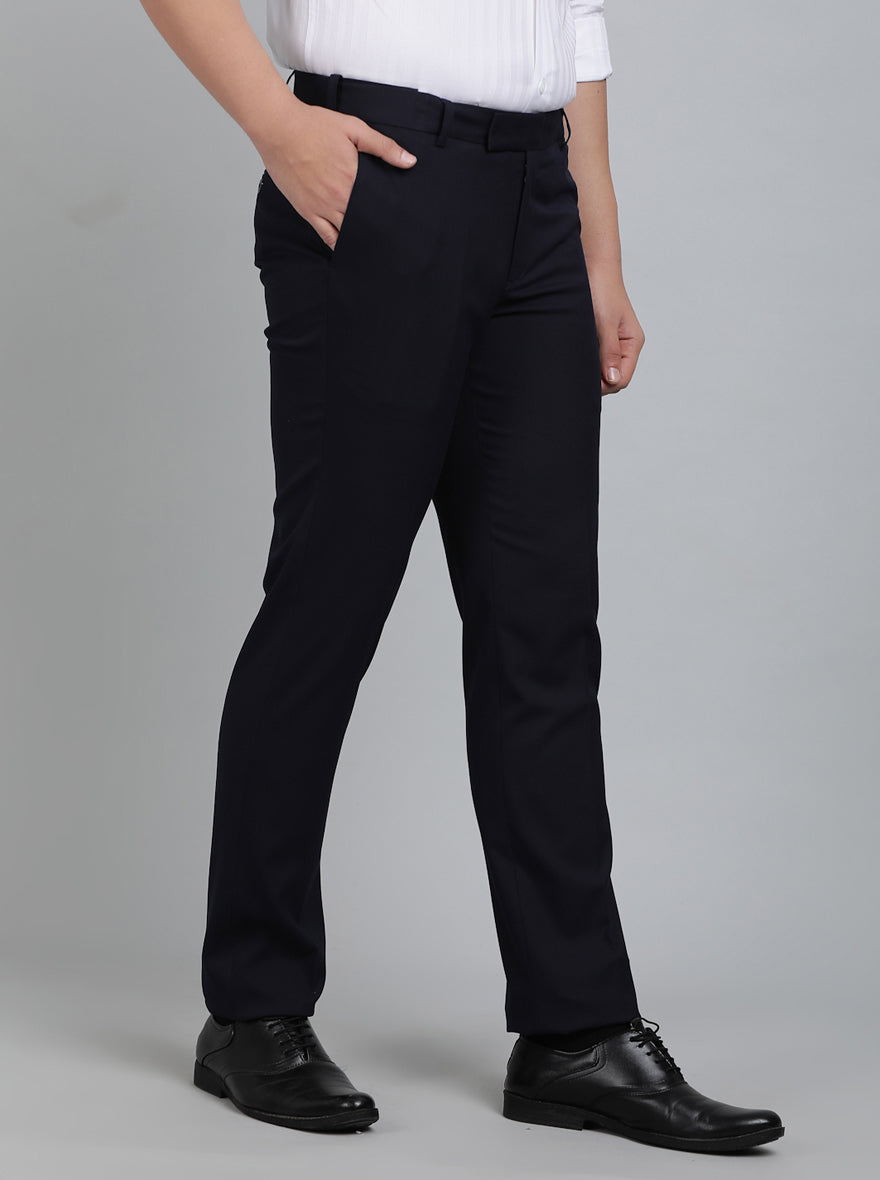 Navy Blue Solid Slim Fit Formal Trouser | Metal