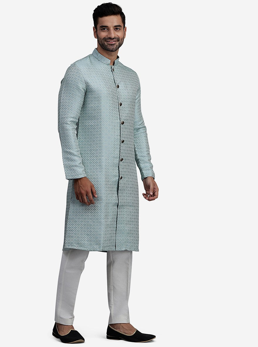 Blue Straight Cut Jacquard Printed Kurta | The Kurta Company