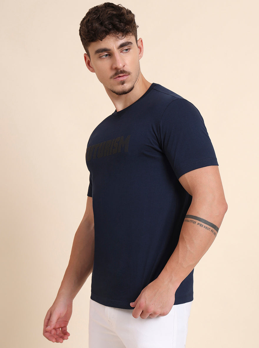 Navy Blue Printed Slim Fit T-Shirt | Greenfibre