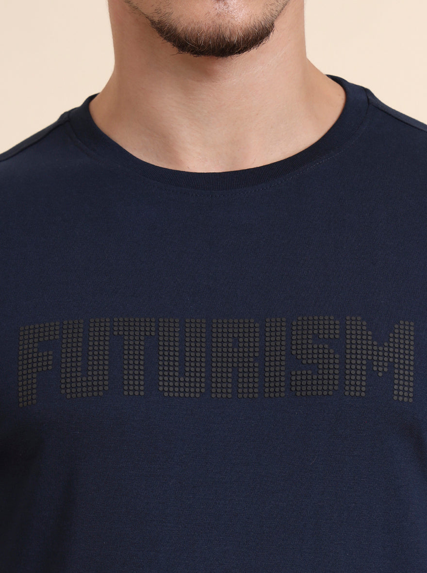 Navy Blue Printed Slim Fit T-Shirt | Greenfibre
