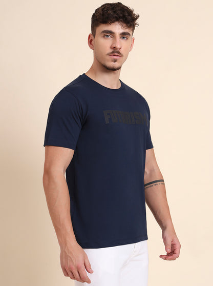 Navy Blue Printed Slim Fit T-Shirt | Greenfibre