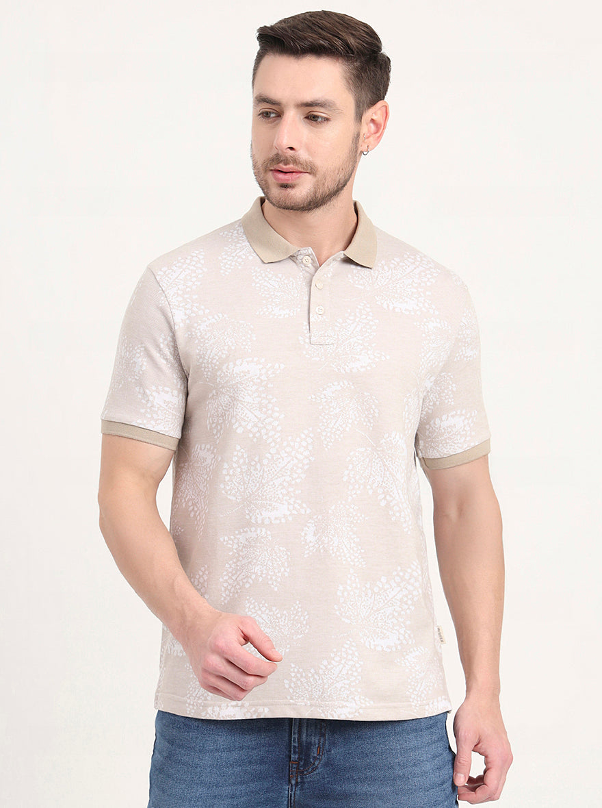 Beige Printed Slim Fit Polo T-Shirt | JadeBlue
