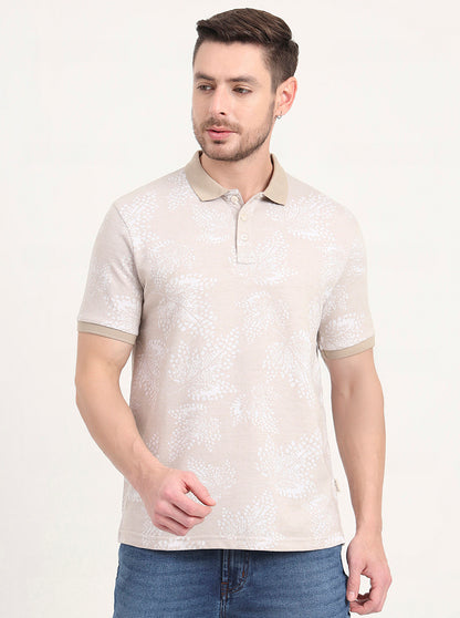 Beige Printed Slim Fit Polo T-Shirt | JadeBlue