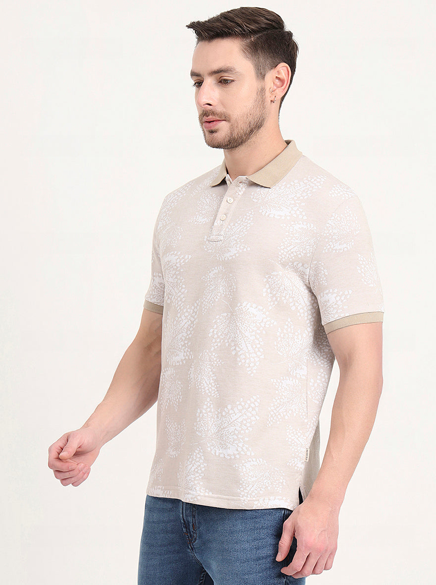 Beige Printed Slim Fit Polo T-Shirt | JadeBlue