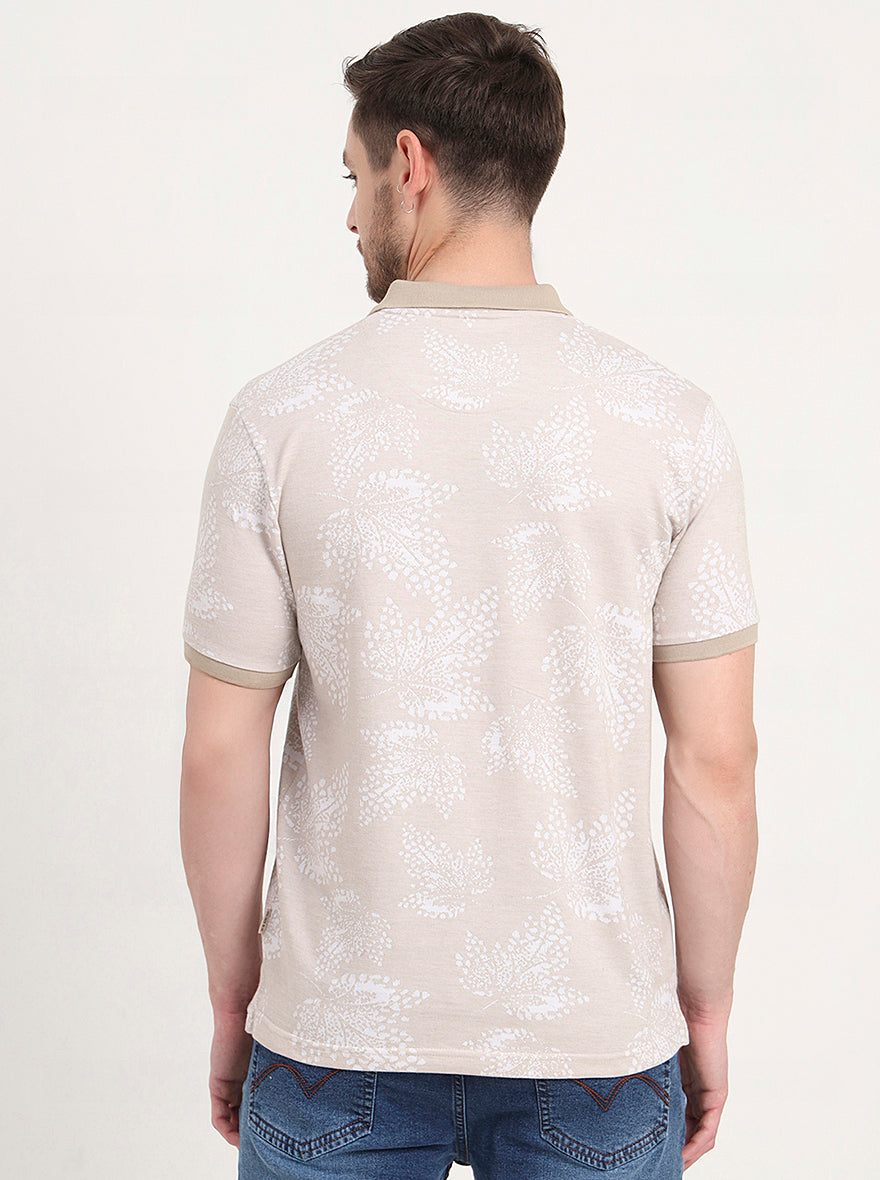 Beige Printed Slim Fit Polo T-Shirt | JadeBlue