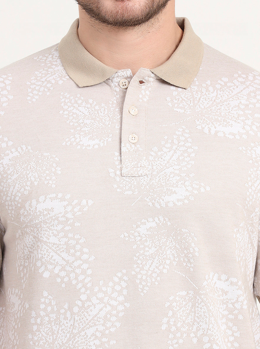 Beige Printed Slim Fit Polo T-Shirt | JadeBlue