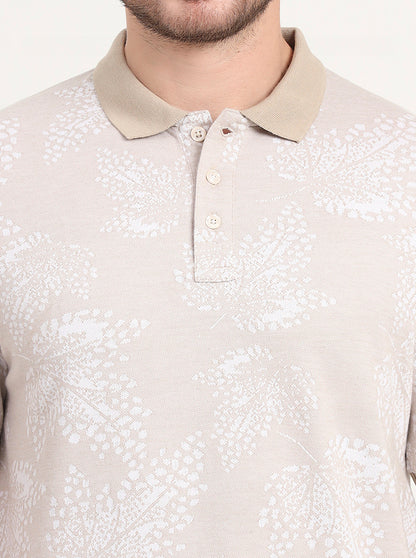 Beige Printed Slim Fit Polo T-Shirt | JadeBlue