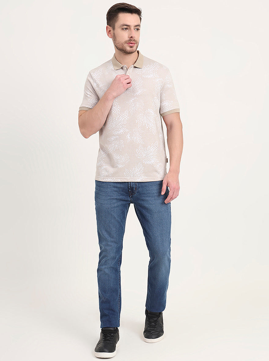 Beige Printed Slim Fit Polo T-Shirt | JadeBlue
