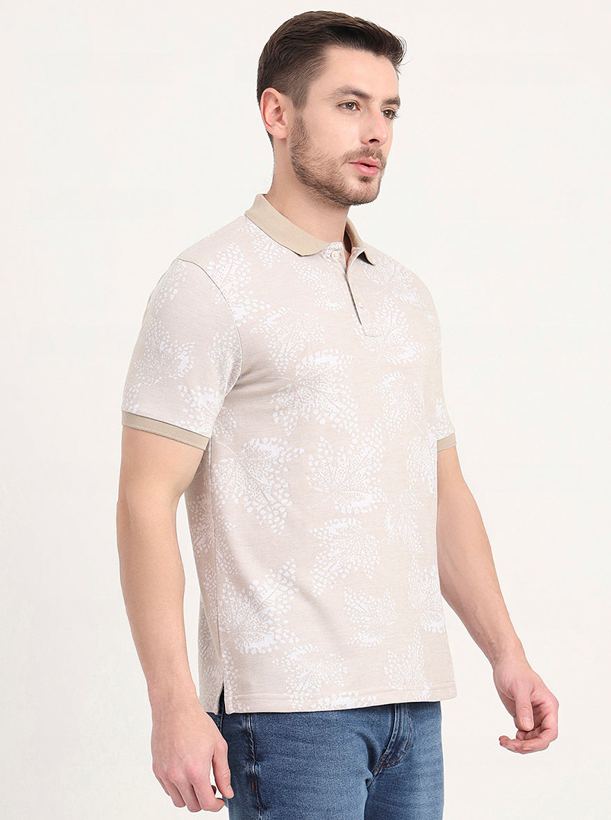 Beige Printed Slim Fit Polo T-Shirt | JadeBlue