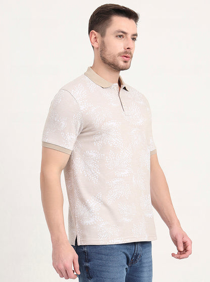 Beige Printed Slim Fit Polo T-Shirt | JadeBlue