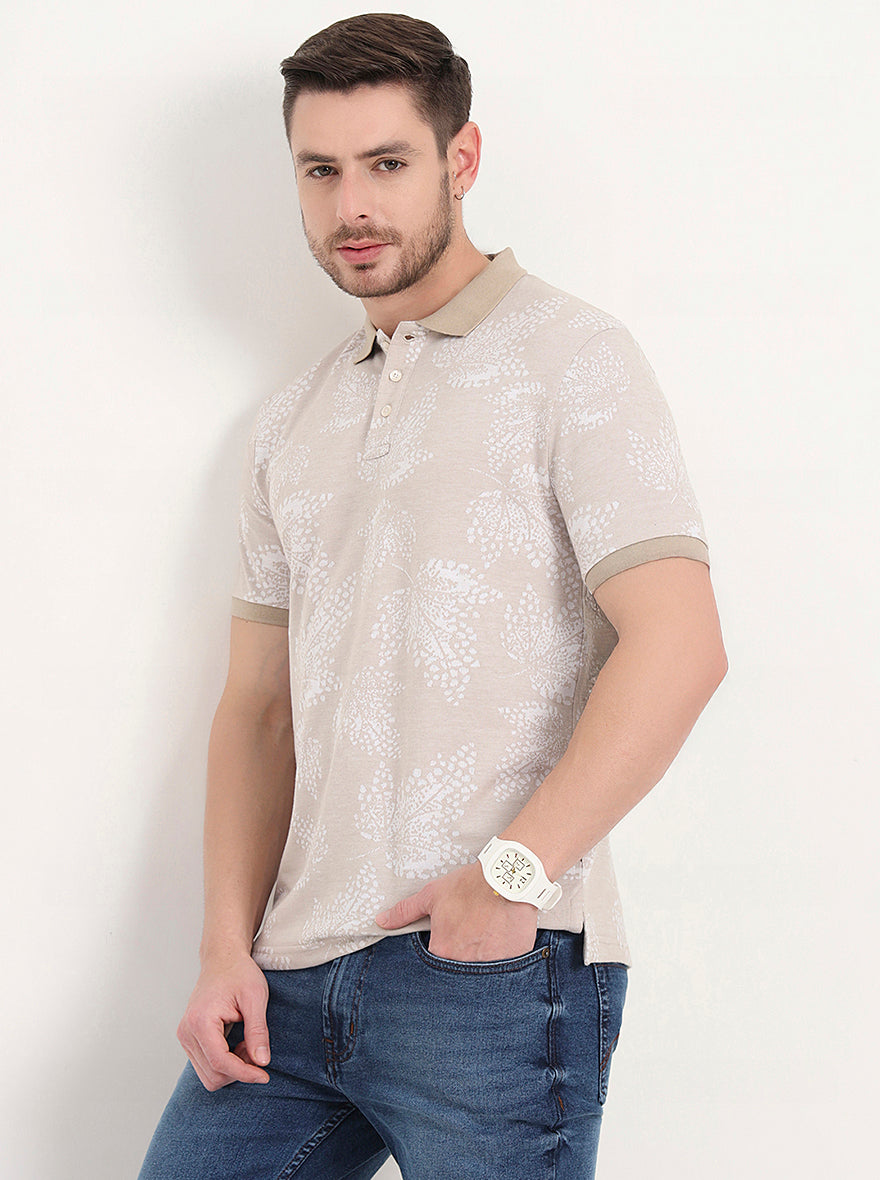 Beige Printed Slim Fit Polo T-Shirt | JadeBlue