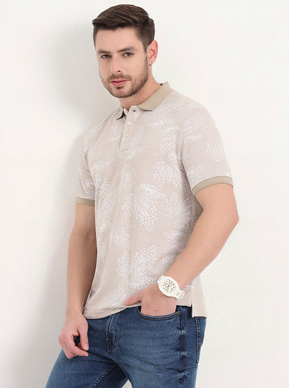 Beige Printed Slim Fit Polo T-Shirt | JadeBlue