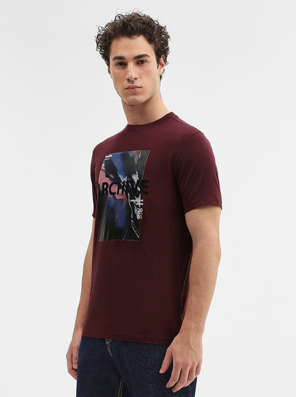 Maroon Printed Slim Fit T-Shirt | Greenfibre
