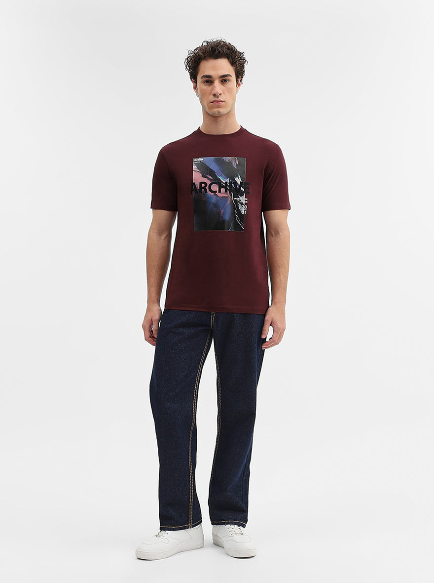 Maroon Printed Slim Fit T-Shirt | Greenfibre