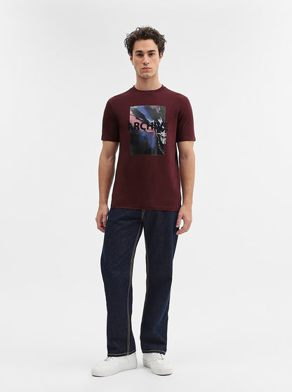 Maroon Printed Slim Fit T-Shirt | Greenfibre