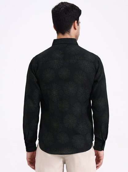 Olive Green Printed Slim Fit Casual Shirt | Greenfibre