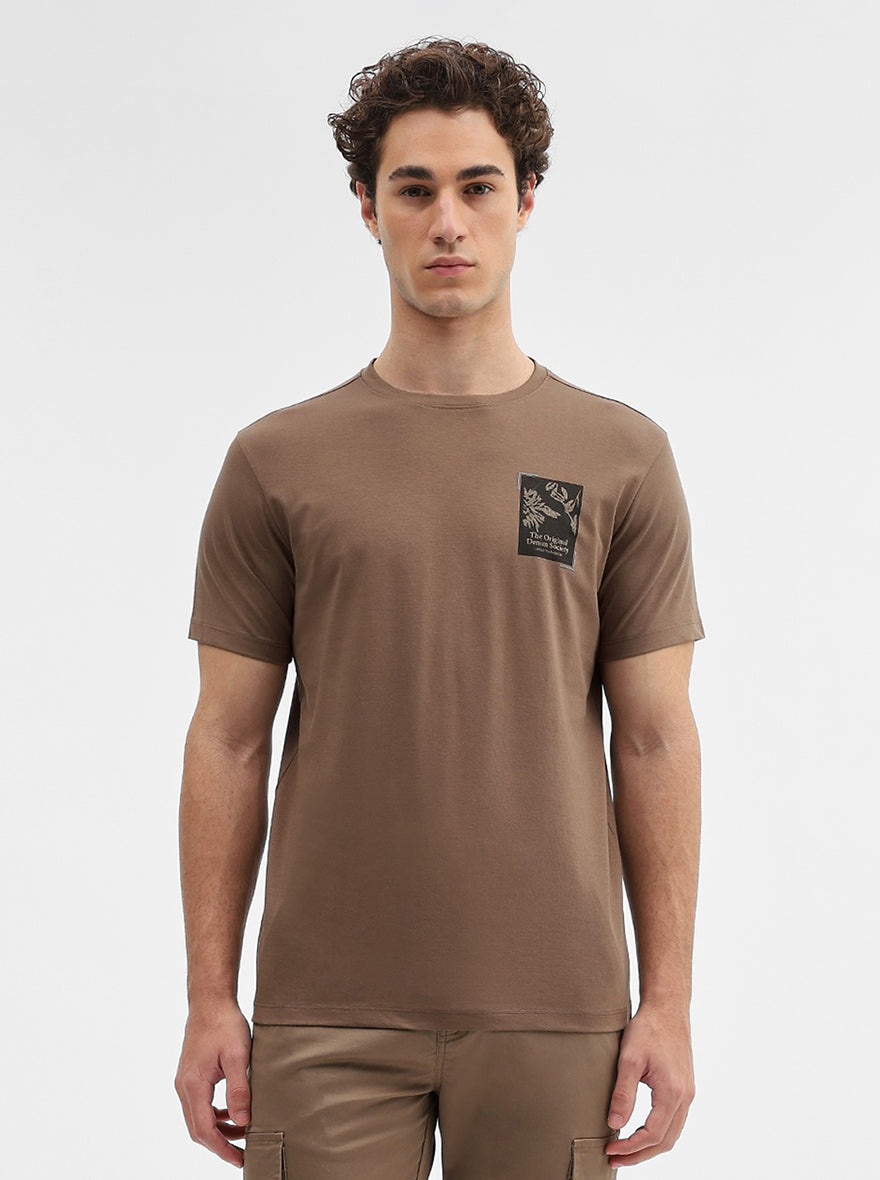 Khaki Printed Slim Fit T-Shirt | JadeBlue