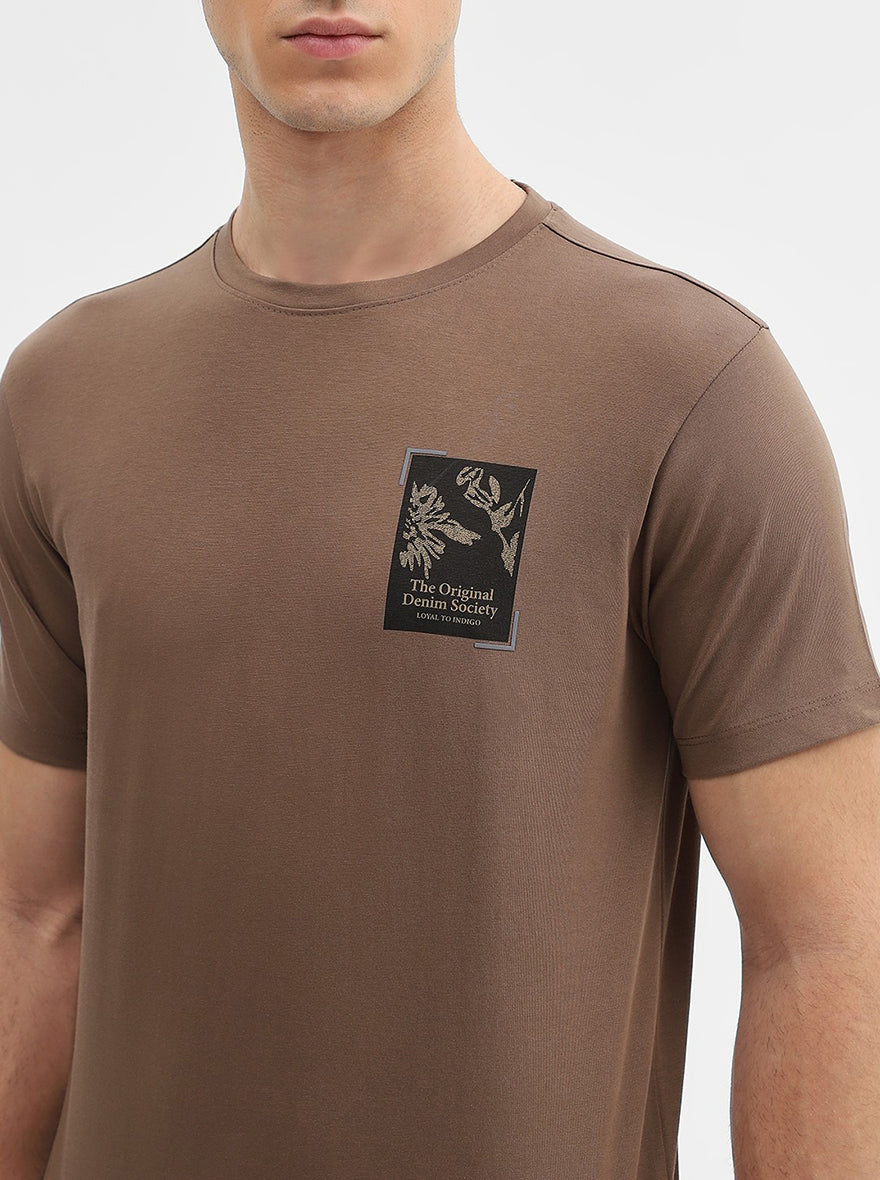 Khaki Printed Slim Fit T-Shirt | JadeBlue