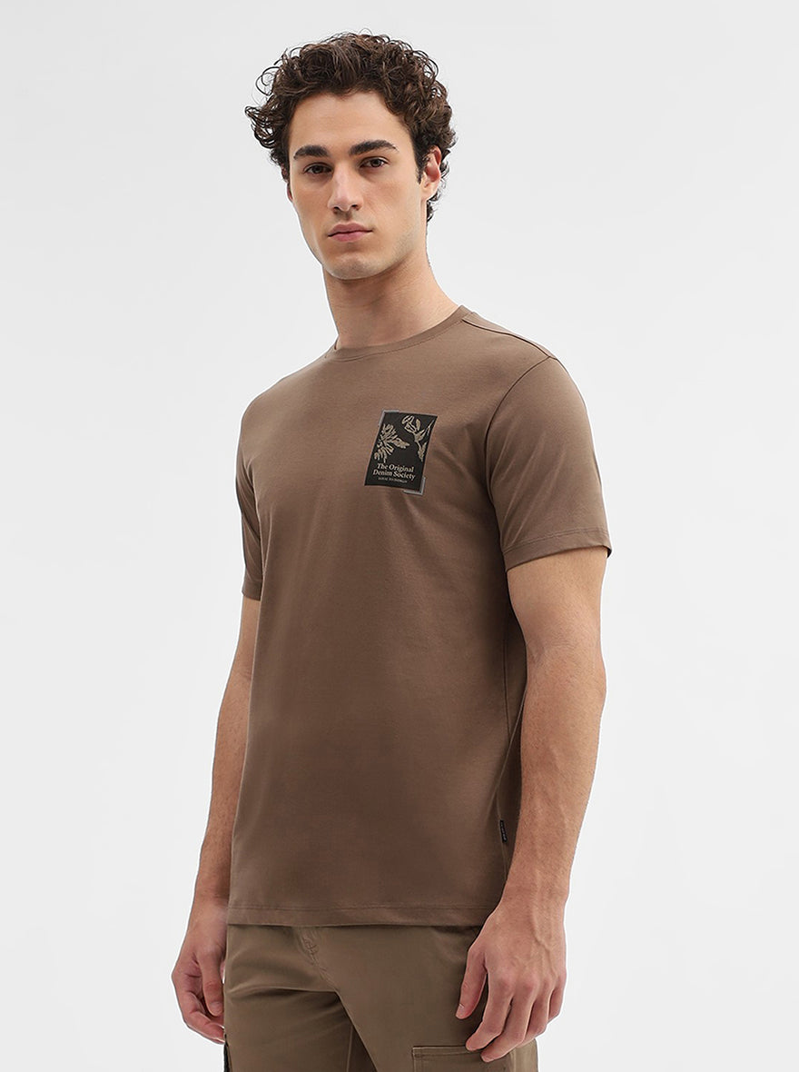 Khaki Printed Slim Fit T-Shirt | JadeBlue