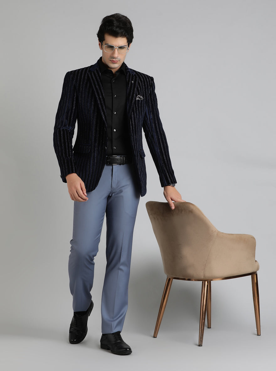 Royal Blue Striped Regular Fit Blazer | JB Studio