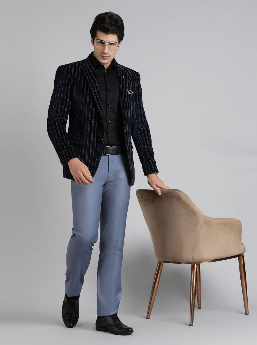 Royal Blue Striped Regular Fit Blazer | JB Studio