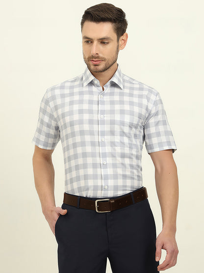 White & Grey Checked Regular Fit Formal Shirt | JadeBlue