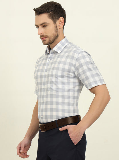 White & Grey Checked Regular Fit Formal Shirt | JadeBlue