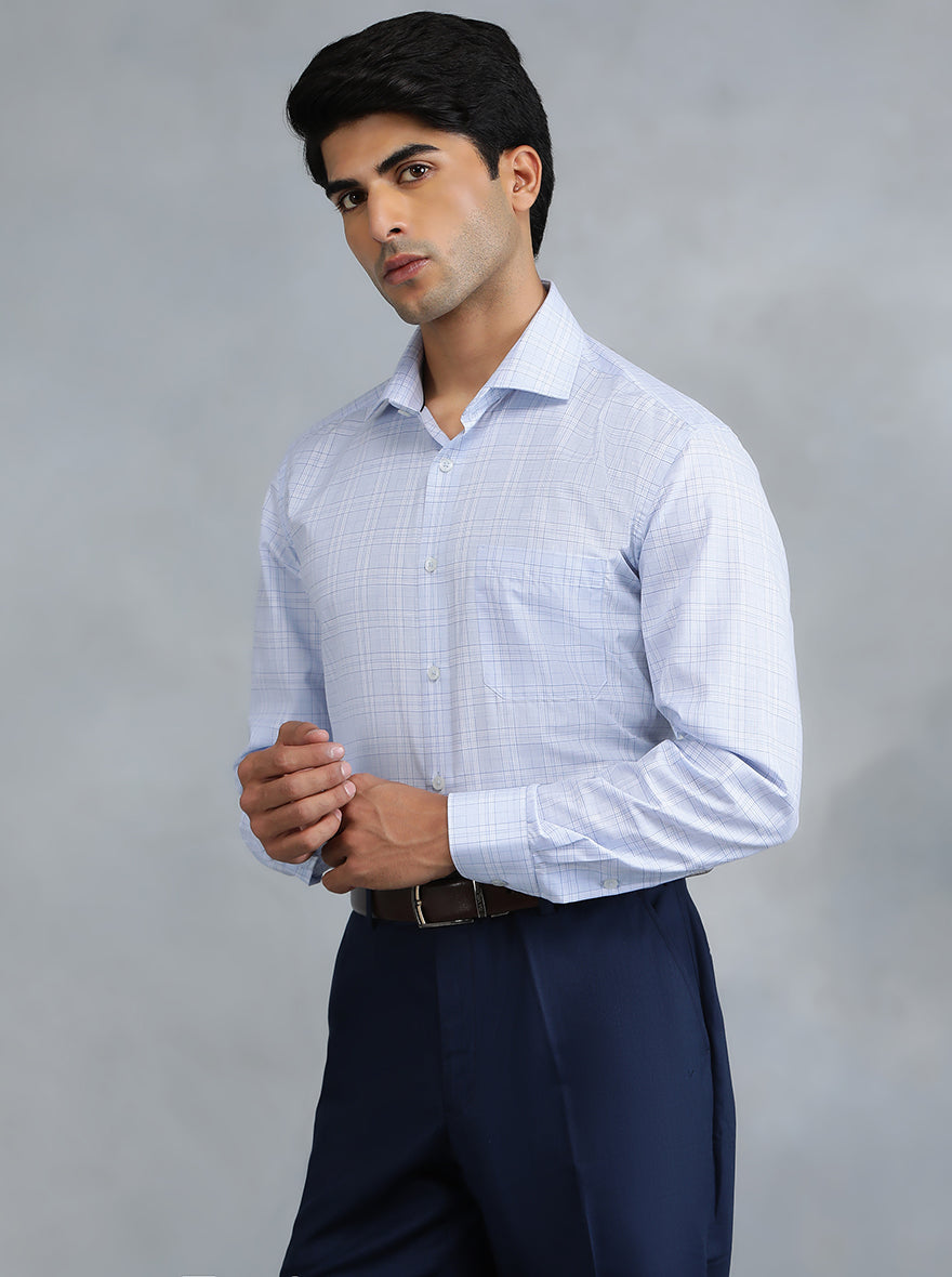 Light Blue Checked Regular Fit Formal Shirt | Greenfibre