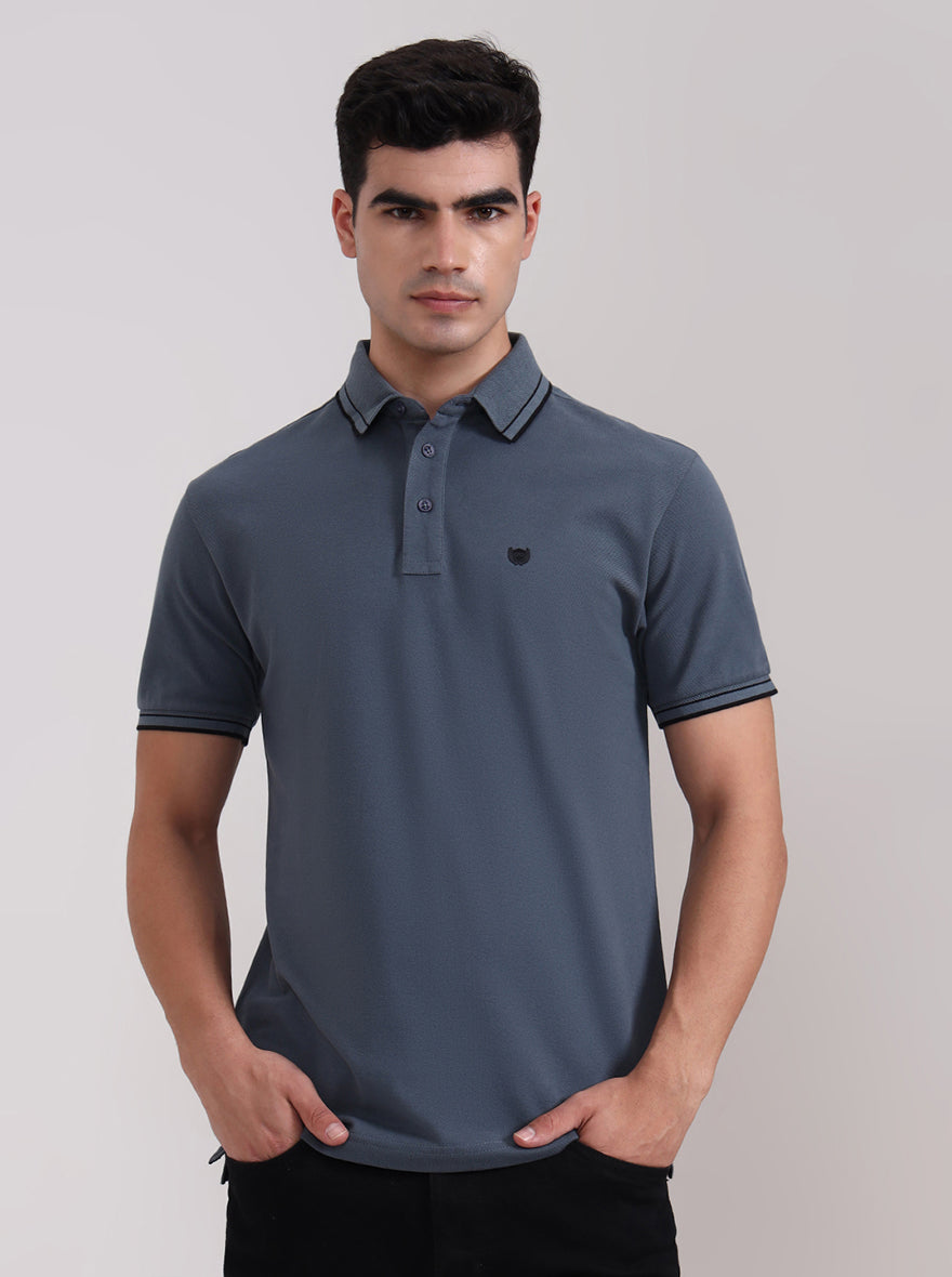 Grey Solid Slim Fit Polo T-Shirt | JadeBlue
