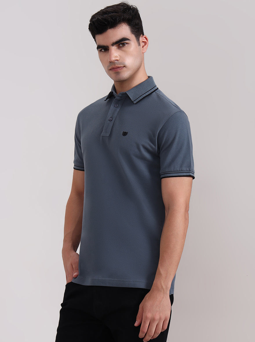 Grey Solid Slim Fit Polo T-Shirt | JadeBlue