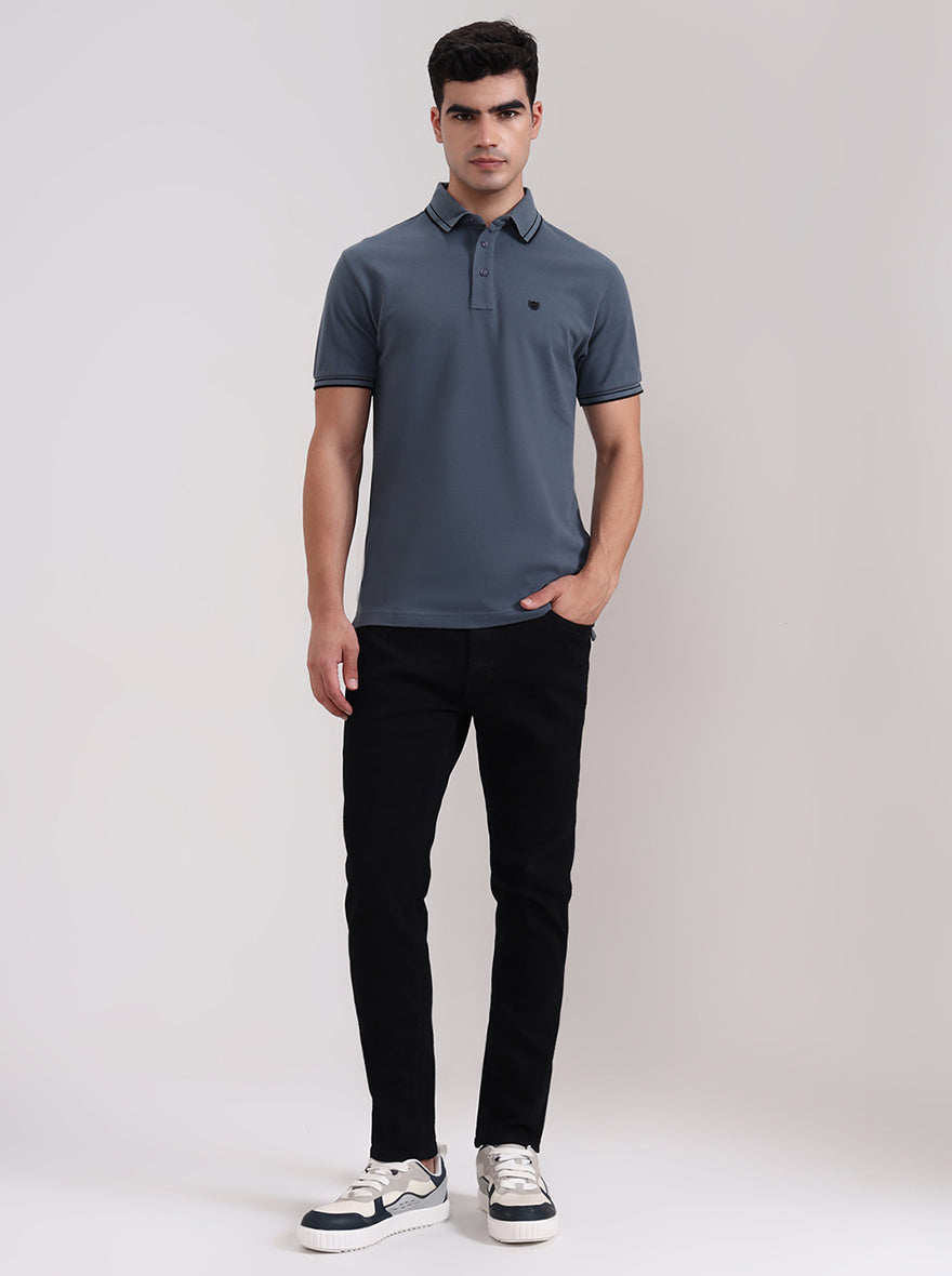 Grey Solid Slim Fit Polo T-Shirt | JadeBlue