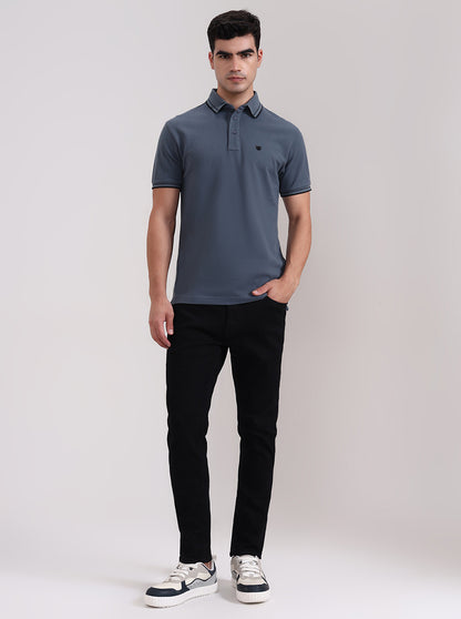 Grey Solid Slim Fit Polo T-Shirt | JadeBlue