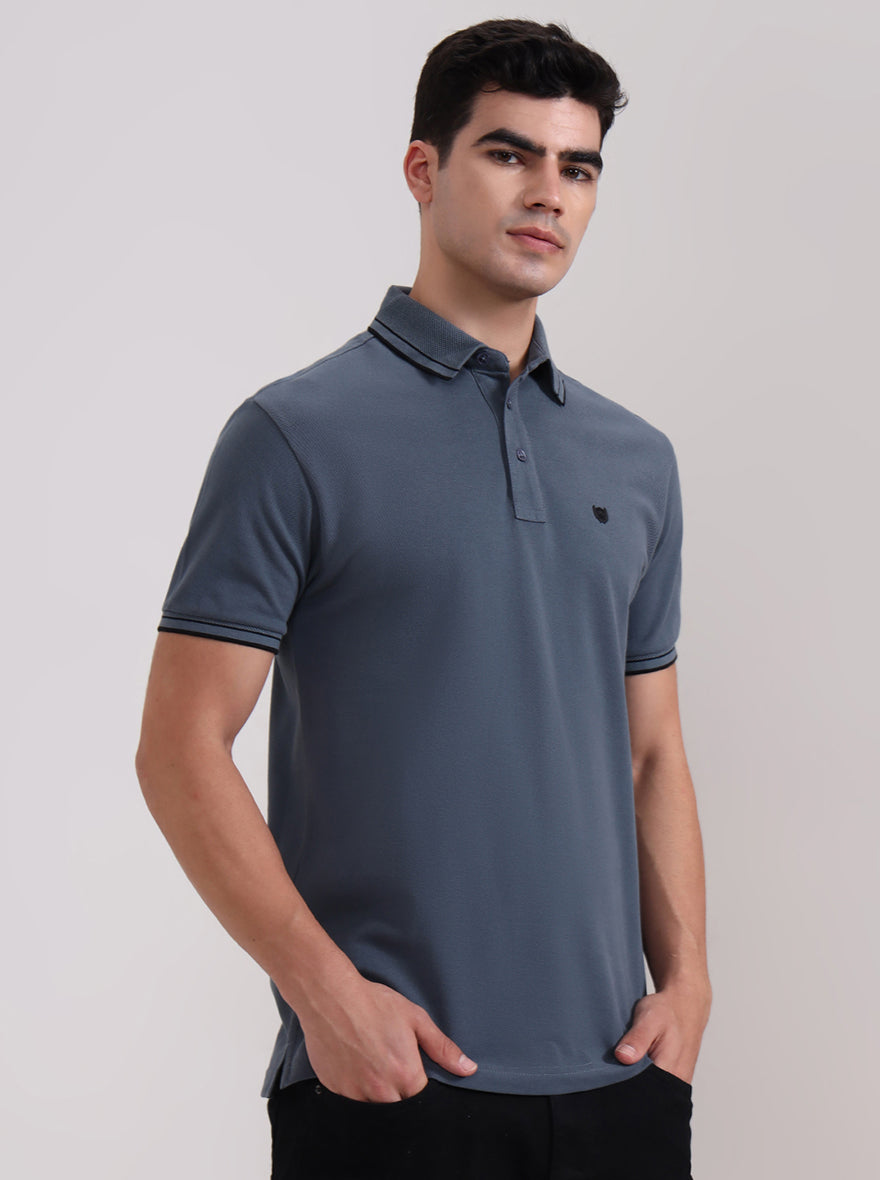 Grey Solid Slim Fit Polo T-Shirt | JadeBlue