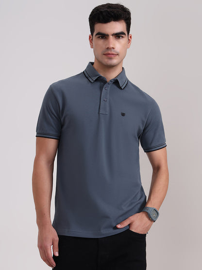 Grey Solid Slim Fit Polo T-Shirt | JadeBlue