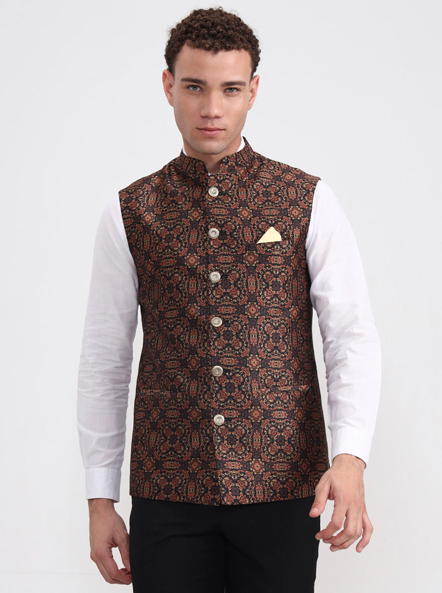 Golden Green Printed Regular Fit Waistcoat  | JB Studio