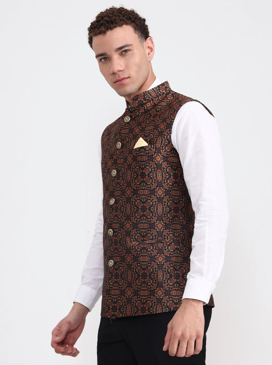 Golden Green Printed Regular Fit Waistcoat  | JB Studio