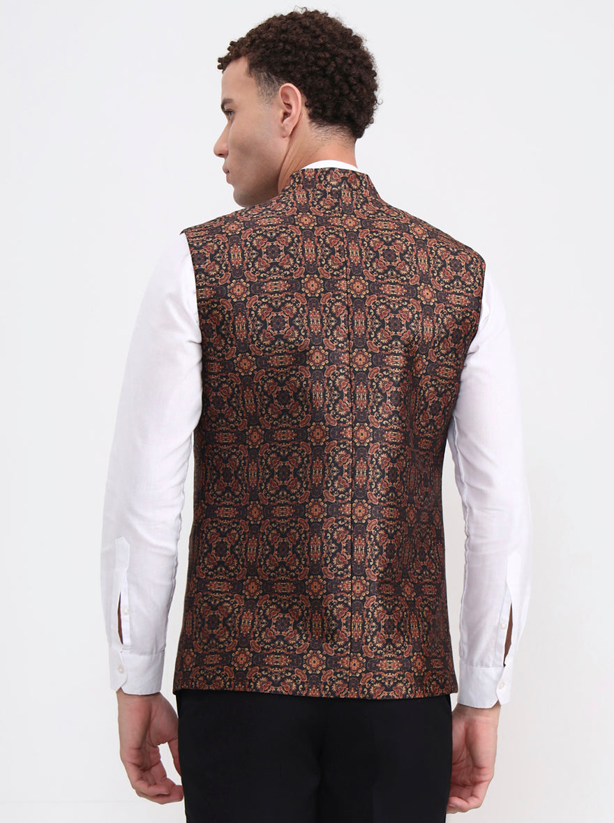 Golden Green Printed Regular Fit Waistcoat  | JB Studio