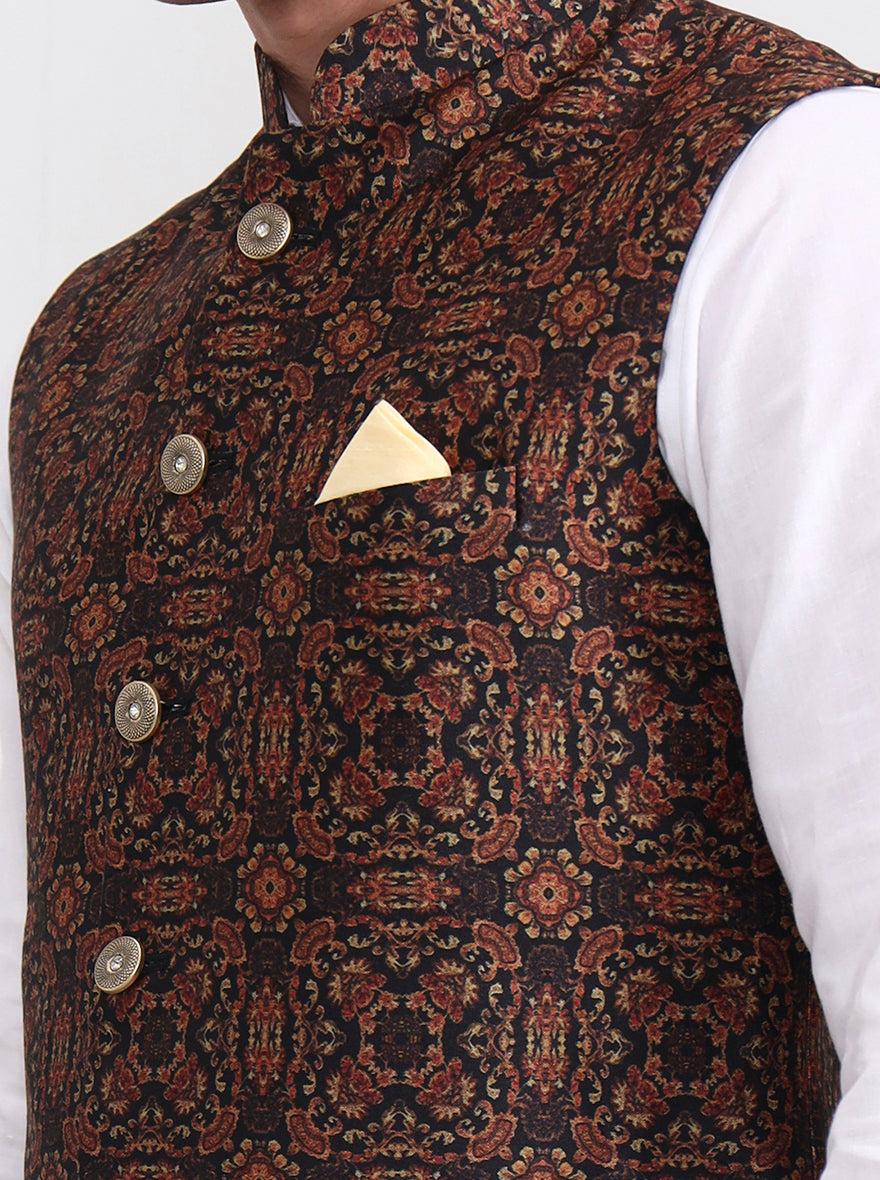 Golden Green Printed Regular Fit Waistcoat  | JB Studio
