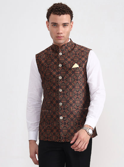 Golden Green Printed Regular Fit Waistcoat  | JB Studio