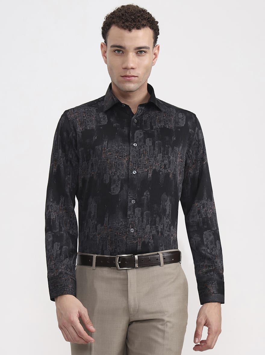 Black & Grey Printed Slim Fit Formal Shirt | JadeBlue Super Luxe