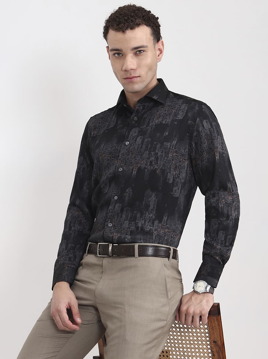 Black & Grey Printed Slim Fit Formal Shirt | JadeBlue Super Luxe