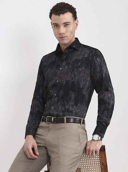 Black & Grey Printed Slim Fit Formal Shirt | JadeBlue Super Luxe