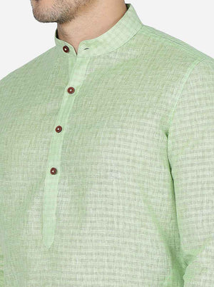 Grass Green Checked Regular Fit Modi Kurta | JadeBlue