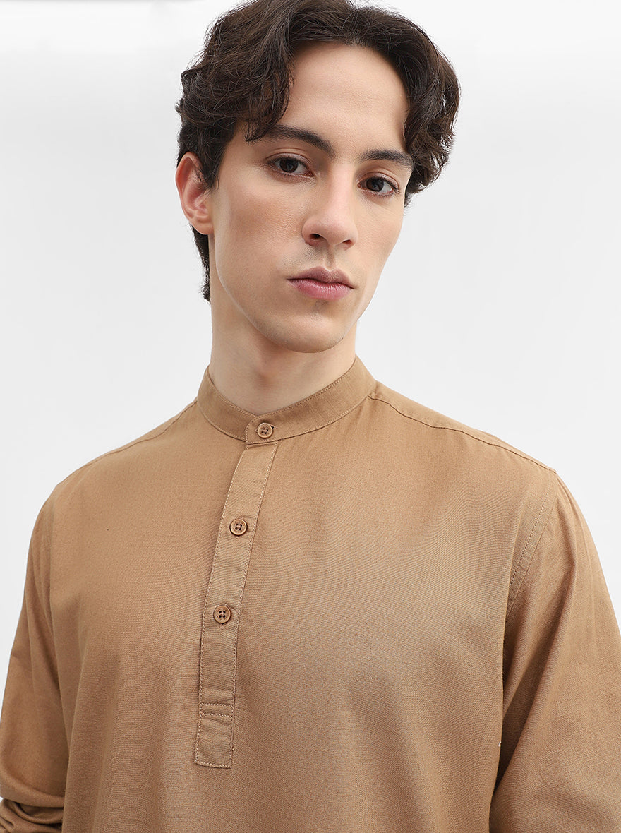 Khaki Solid Slim Fit Short Kurta | Greenfibre