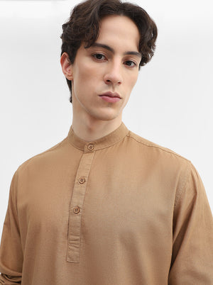 Khaki Solid Slim Fit Short Kurta | Greenfibre