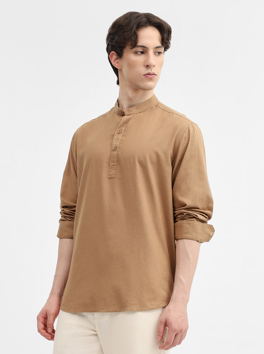 Khaki Solid Slim Fit Short Kurta | Greenfibre