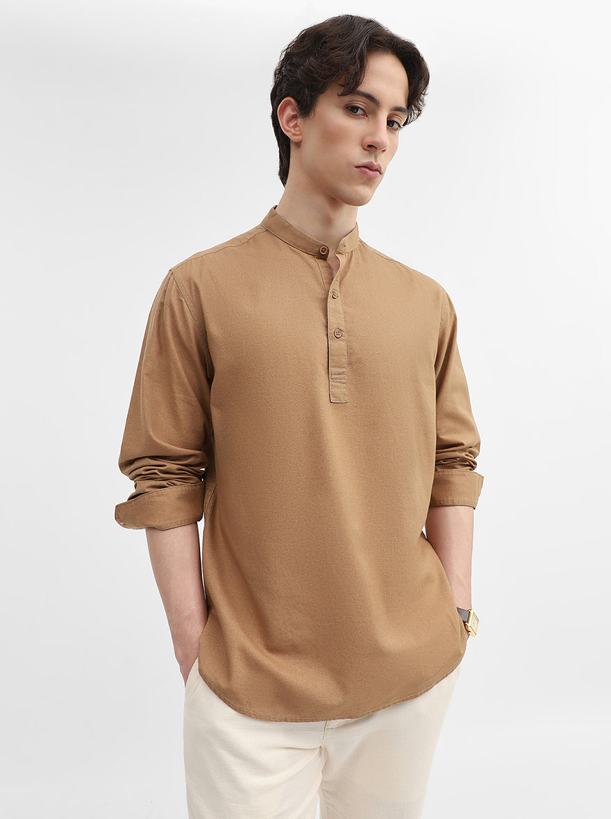 Khaki Solid Slim Fit Short Kurta | Greenfibre