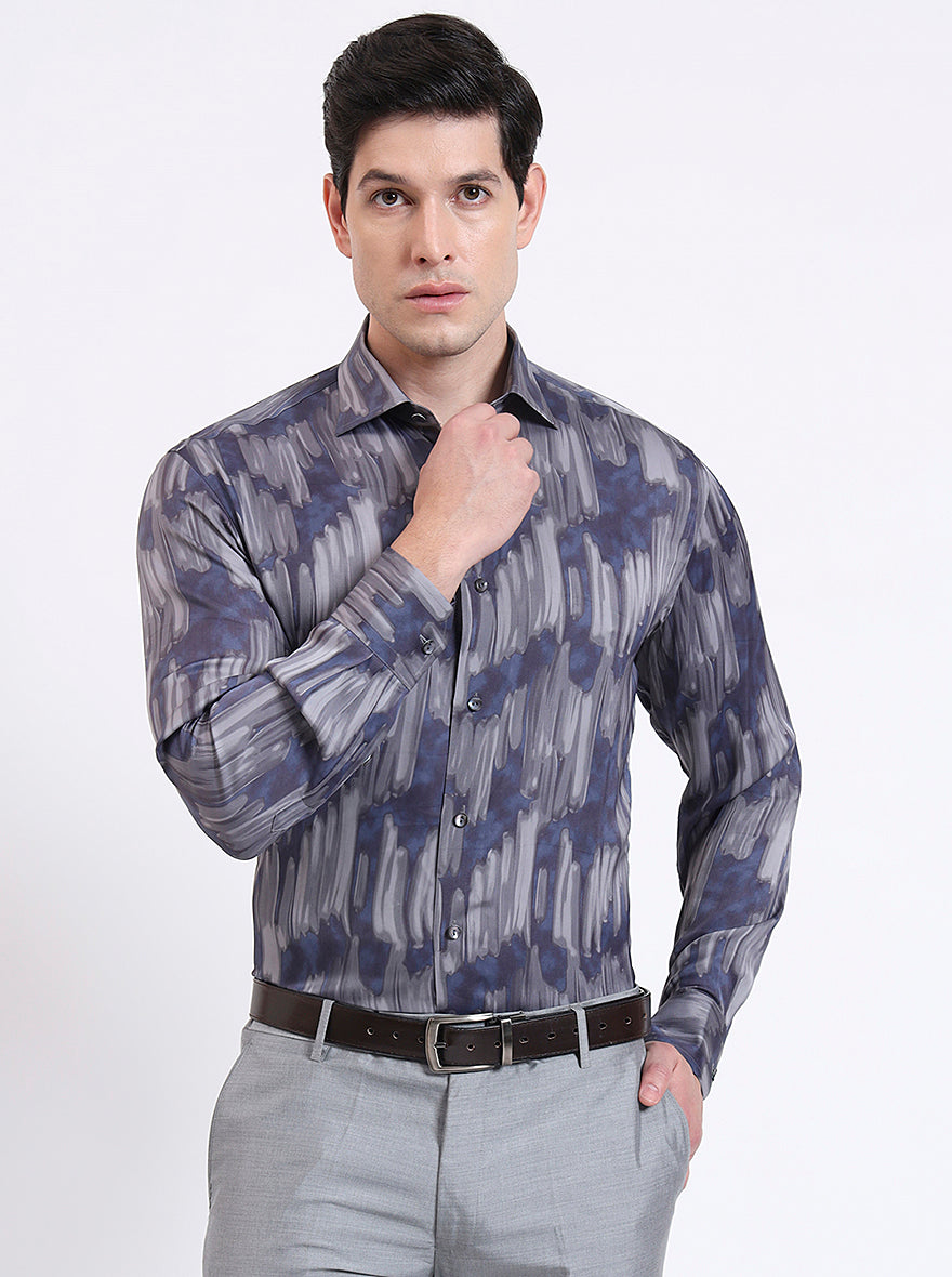 Blue Printed Slim Fit Party Wear Shirt | JadeBlue Super Luxe