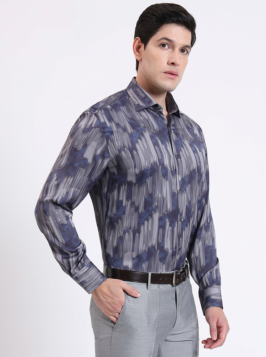 Blue Printed Slim Fit Party Wear Shirt | JadeBlue Super Luxe